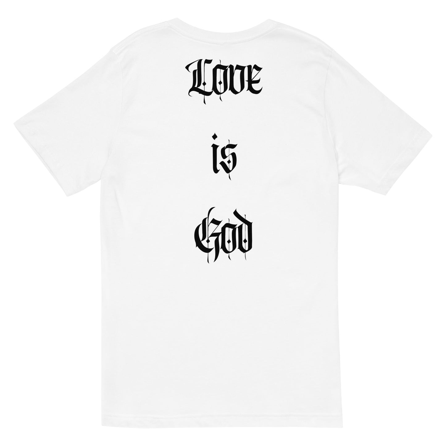 Back, "LOVE IS GOD" God Is Love, Love Is God, White, Unisex Short Sleeve V-Neck T-Shirt #MzKittyz #NikkiDKatArt