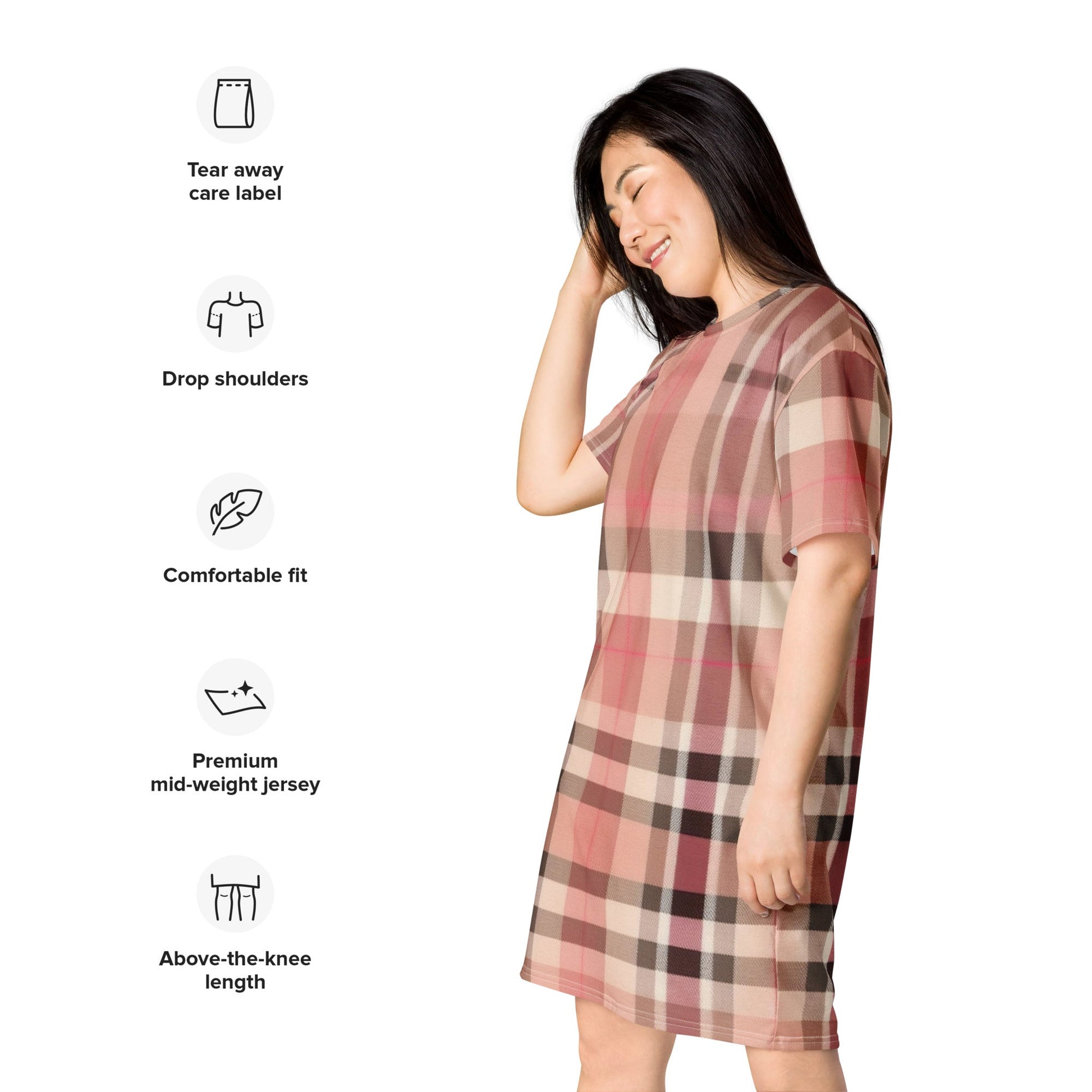 Front Lt. Pink Plaid - Oversized, Stretchy, T-shirt Dress - 2XS-6XL T-shirt #MzKittyz #NikkiDKatArt