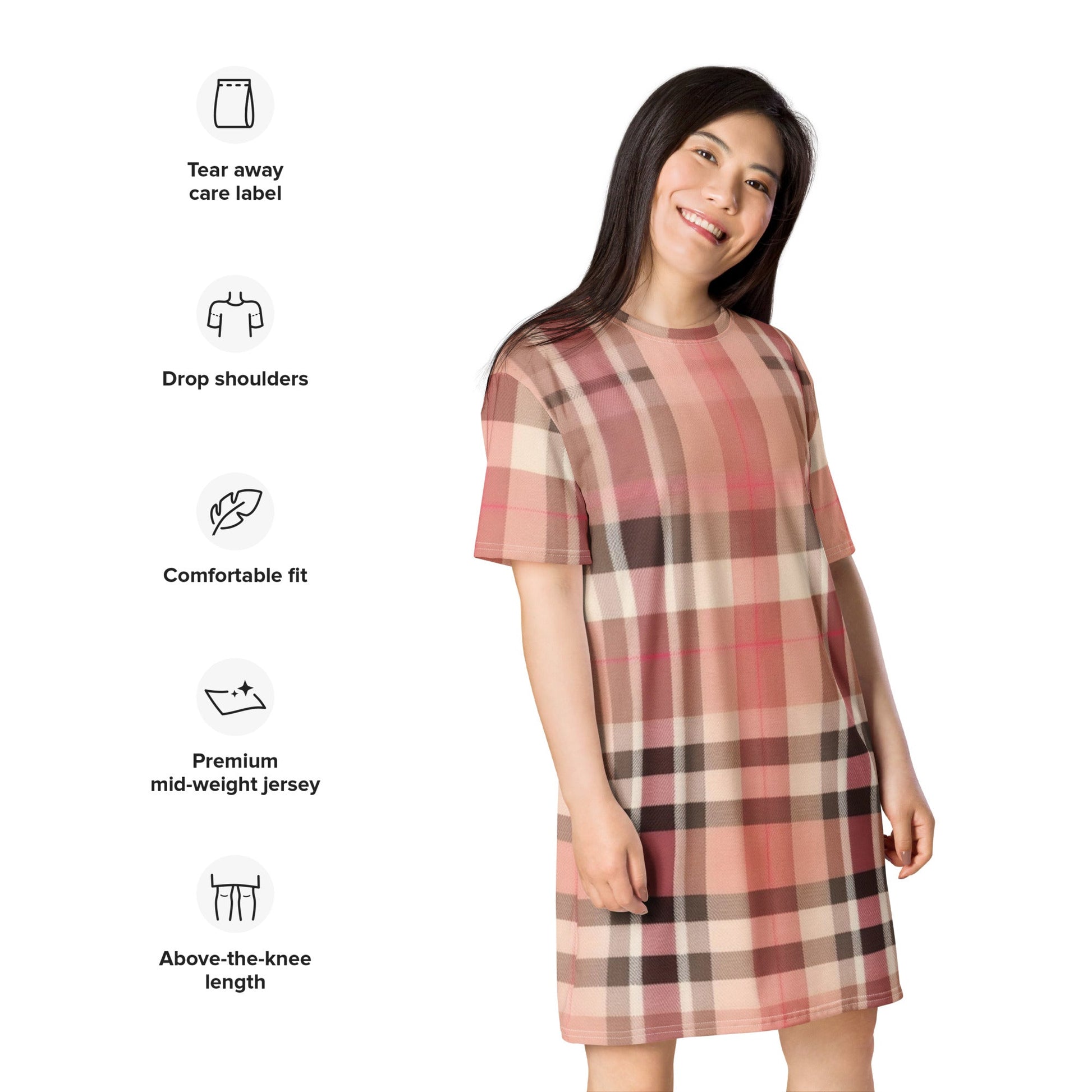 Front Lt. Pink Plaid - Oversized, Stretchy, T-shirt Dress - 2XS-6XL T-shirt #MzKittyz #NikkiDKatArt