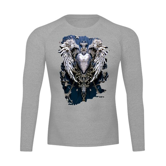 Front Men's Stretchy Raglan Long Sleeve Sports Tee - Mz Kittyz up to 2XL - Chrome Heart & Wingz Design #MzKittyz #NikkiDKatArt