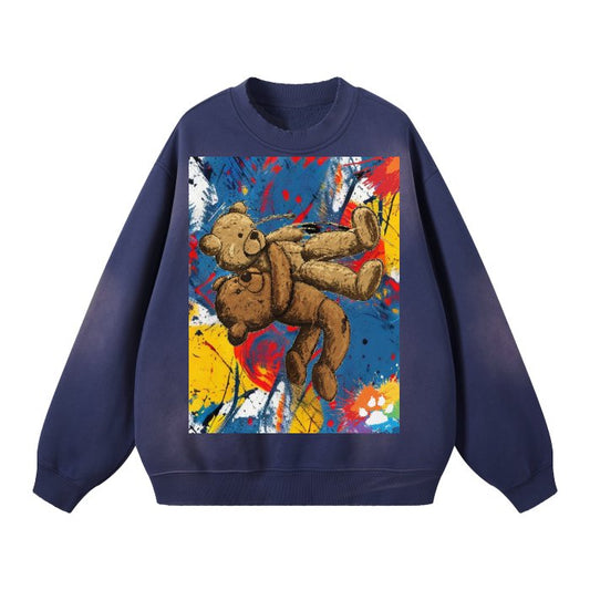 Front Mz Kittyz Bearz Bear - (Royal Blue)Streetwear Unisex Monkey Washed Dyed Fleece Pullover #MzKittyz #NikkiDKatArt