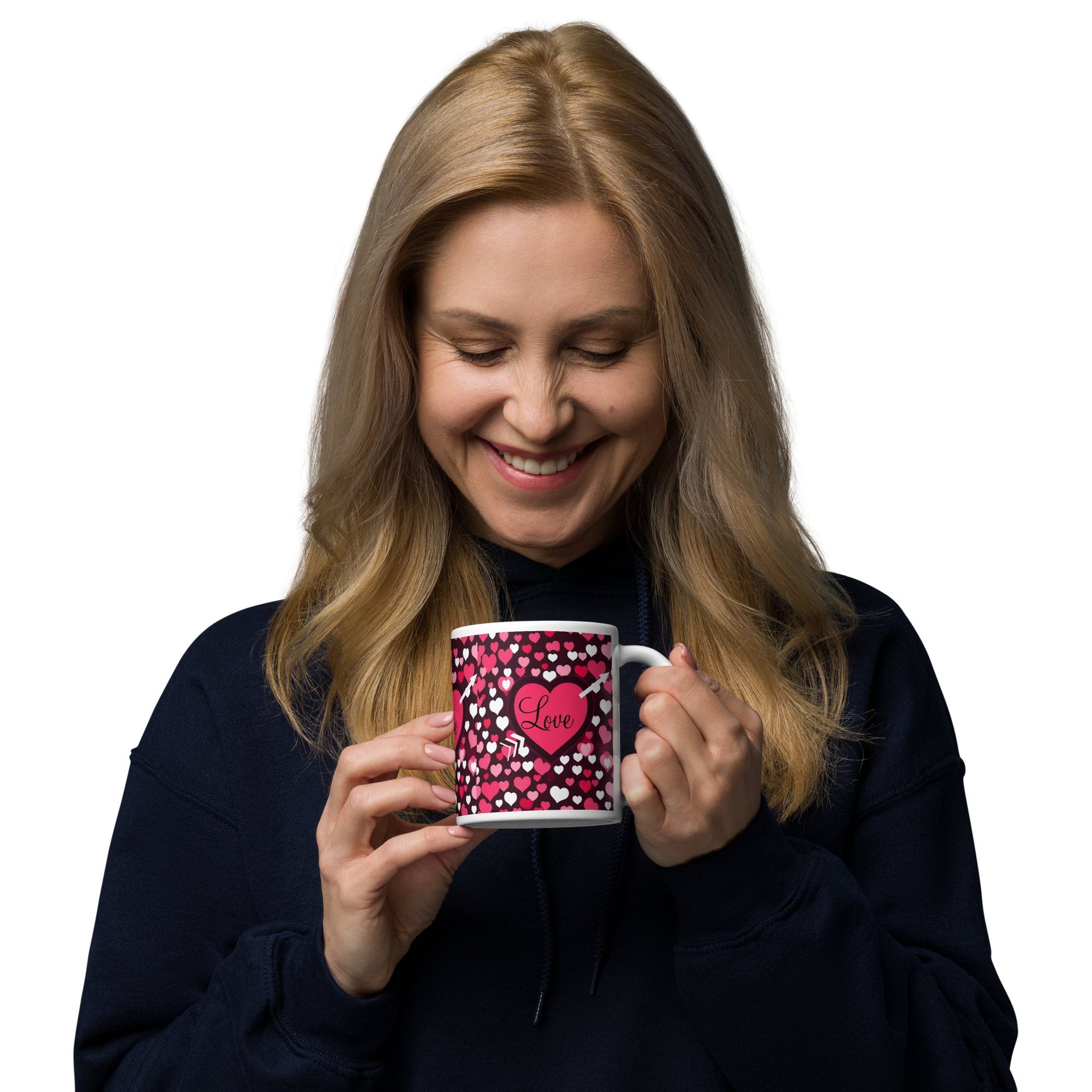 Front Mz Kittyz Valentine's Day "Love" Design - White glossy mug- 11 oz, 15 oz, 20 oz | Dishwasher & Microwave Safe #MzKittyz #NikkiDKatArt