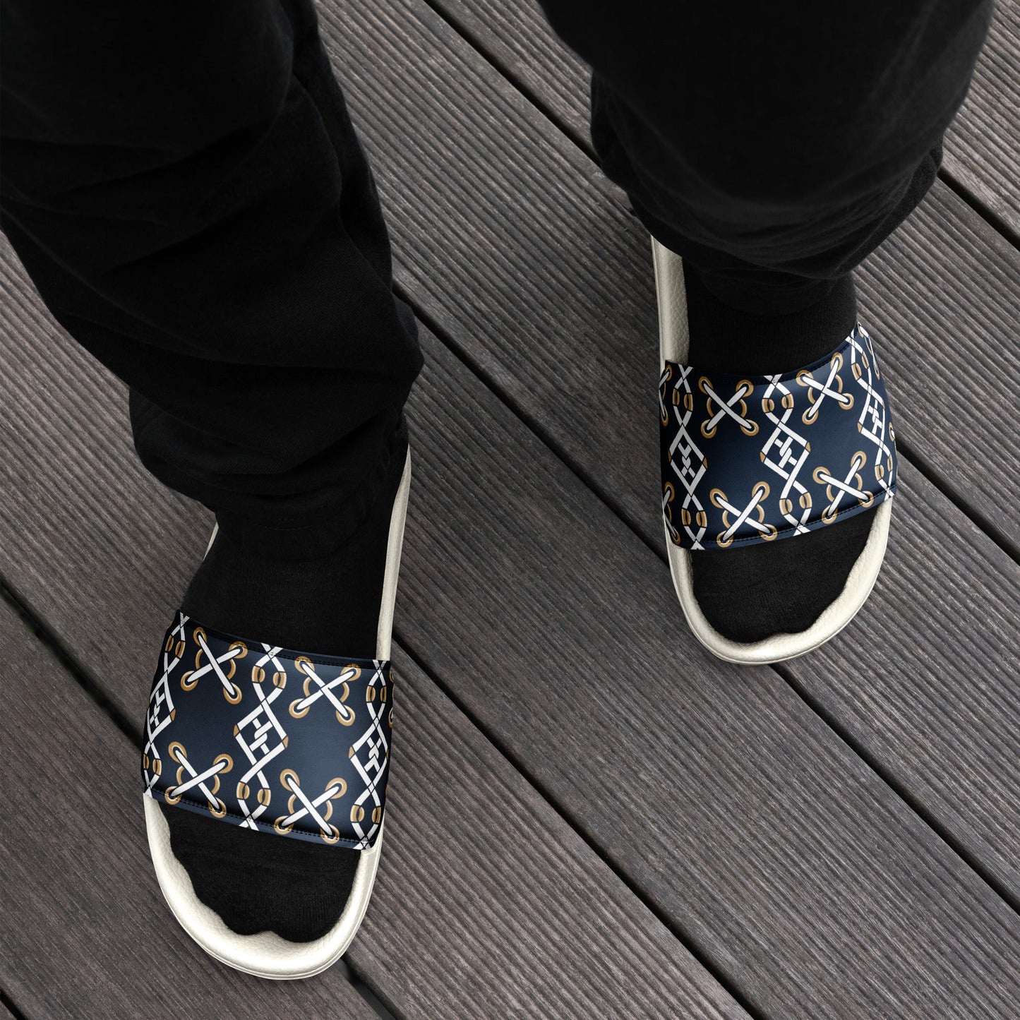Front Navy Criss Cross Design - Men’s slides- White soles - Slippers - Shower Shoes #MzKittyz #NikkiDKatArt