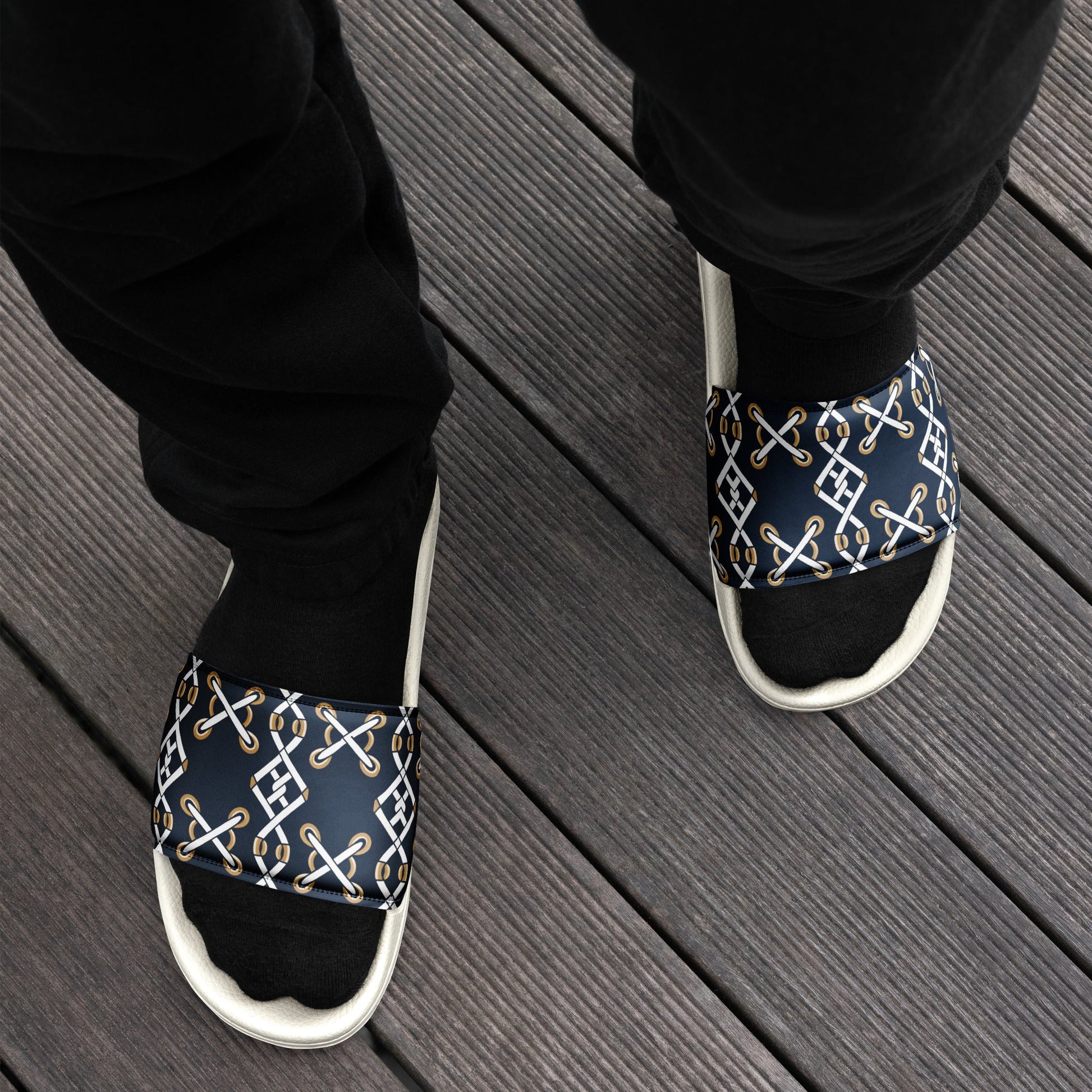 Front Navy Criss Cross Design - Men’s slides- White soles - Slippers - Shower Shoes #MzKittyz #NikkiDKatArt