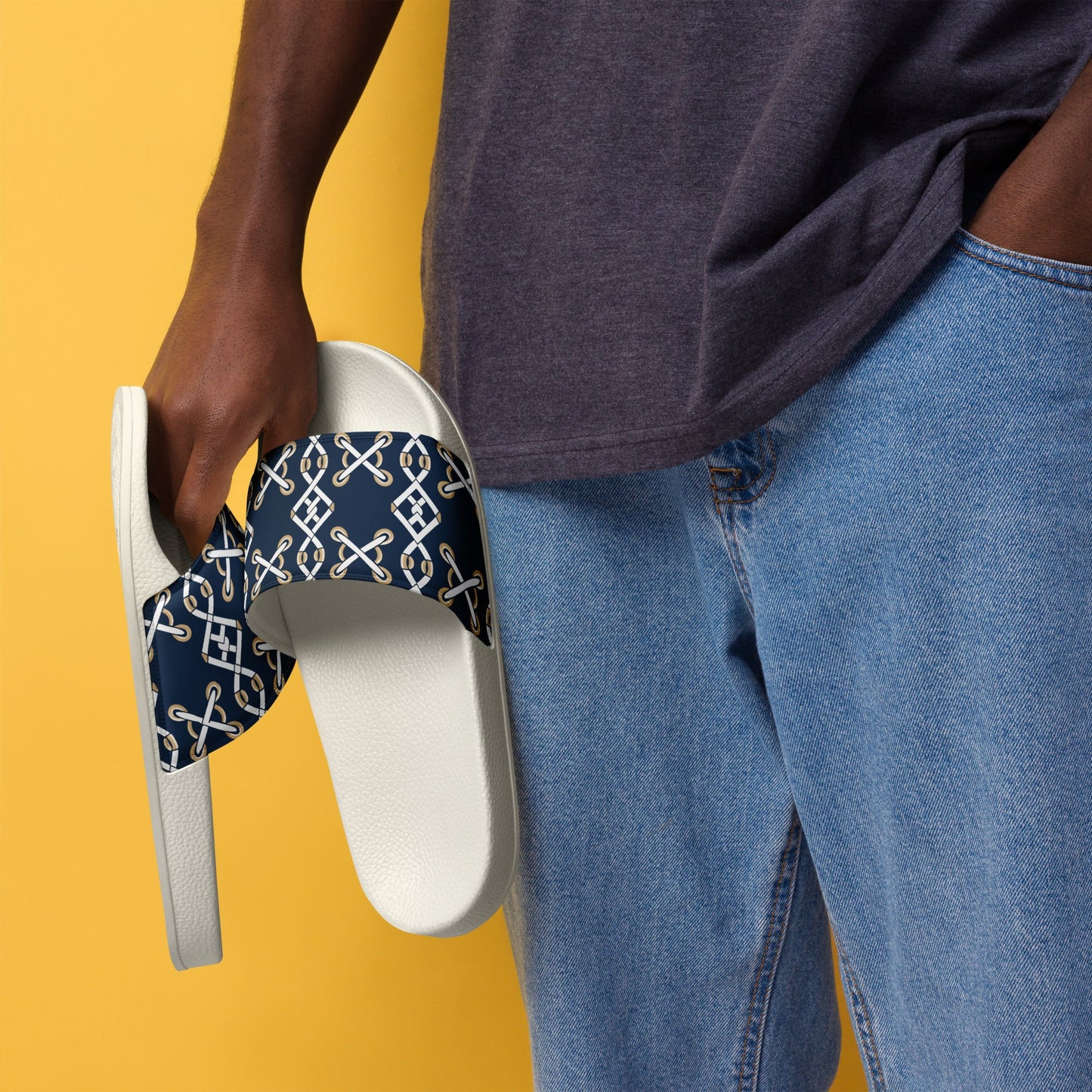Front Navy Criss Cross Design - Men’s slides- White soles - Slippers - Shower Shoes #MzKittyz #NikkiDKatArt