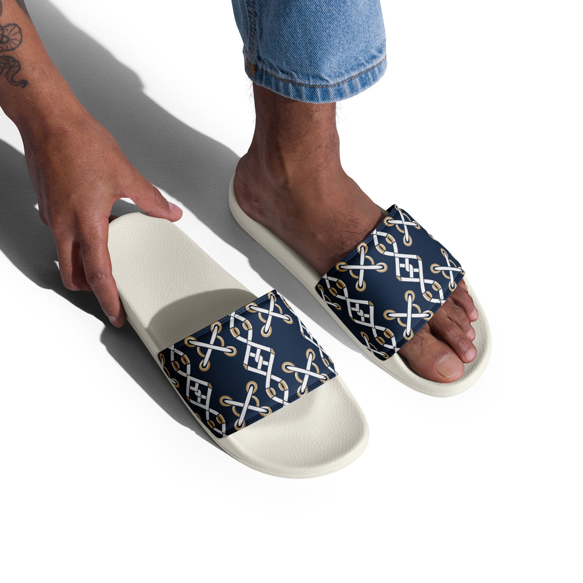Front Navy Criss Cross Design - Men’s slides- White soles - Slippers - Shower Shoes #MzKittyz #NikkiDKatArt