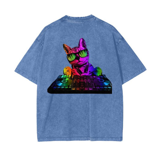 Front Rain Music Dj Kittyz - Streetwear Unisex Oversized Snow Wash T-Shirt | Up to 2XL - 7 colors - Front & Back Print #MzKittyz #NikkiDKatArt