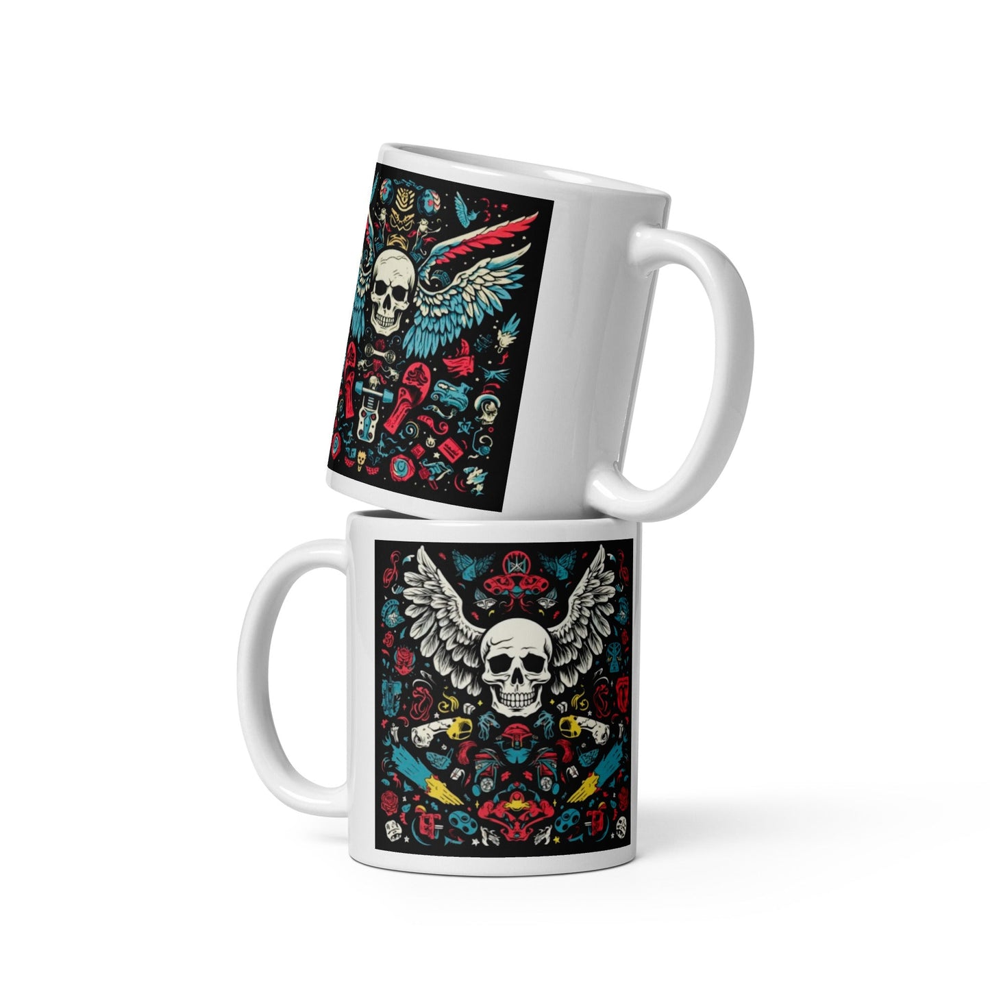 Front Skull Wings Color - White glossy mug - 3 Sizes #MzKittyz #NikkiDKatArt