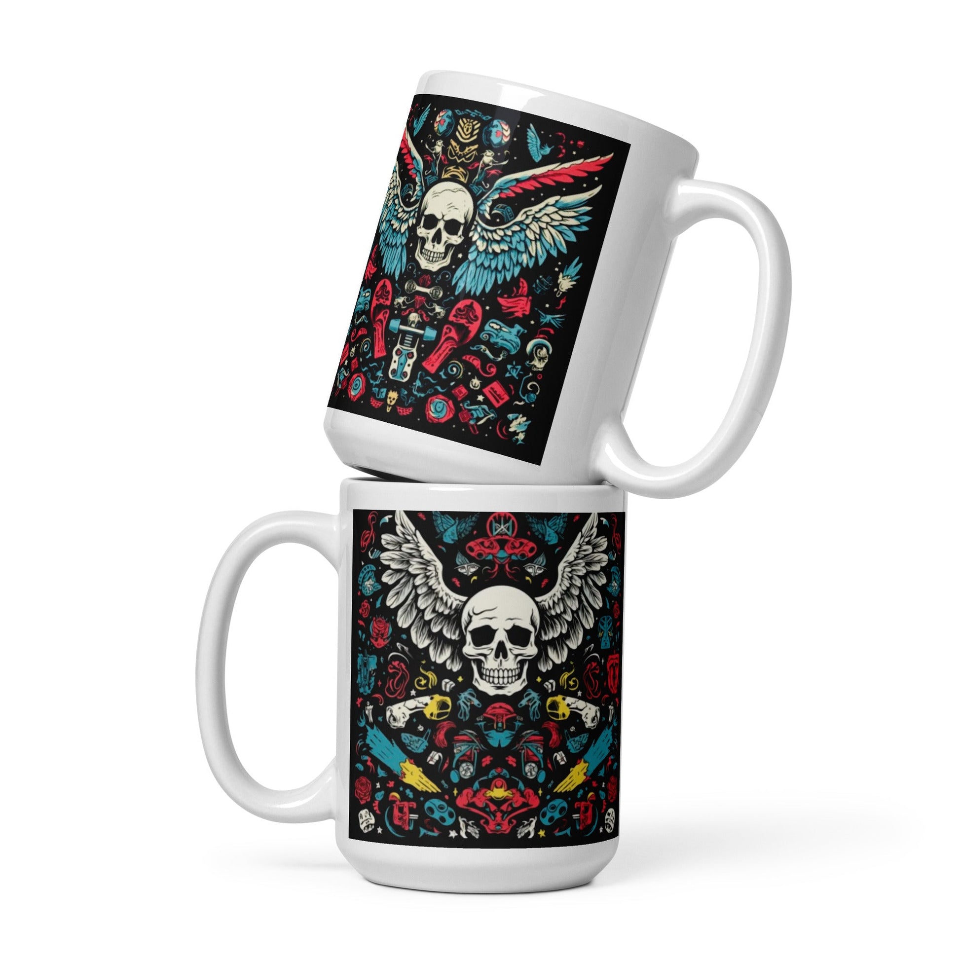 Front Skull Wings Color - White glossy mug - 3 Sizes #MzKittyz #NikkiDKatArt