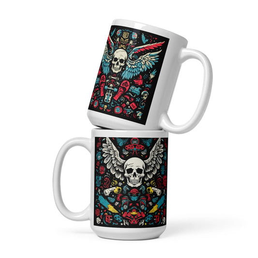 Front Skull Wings Color - White glossy mug - 3 Sizes #MzKittyz #NikkiDKatArt