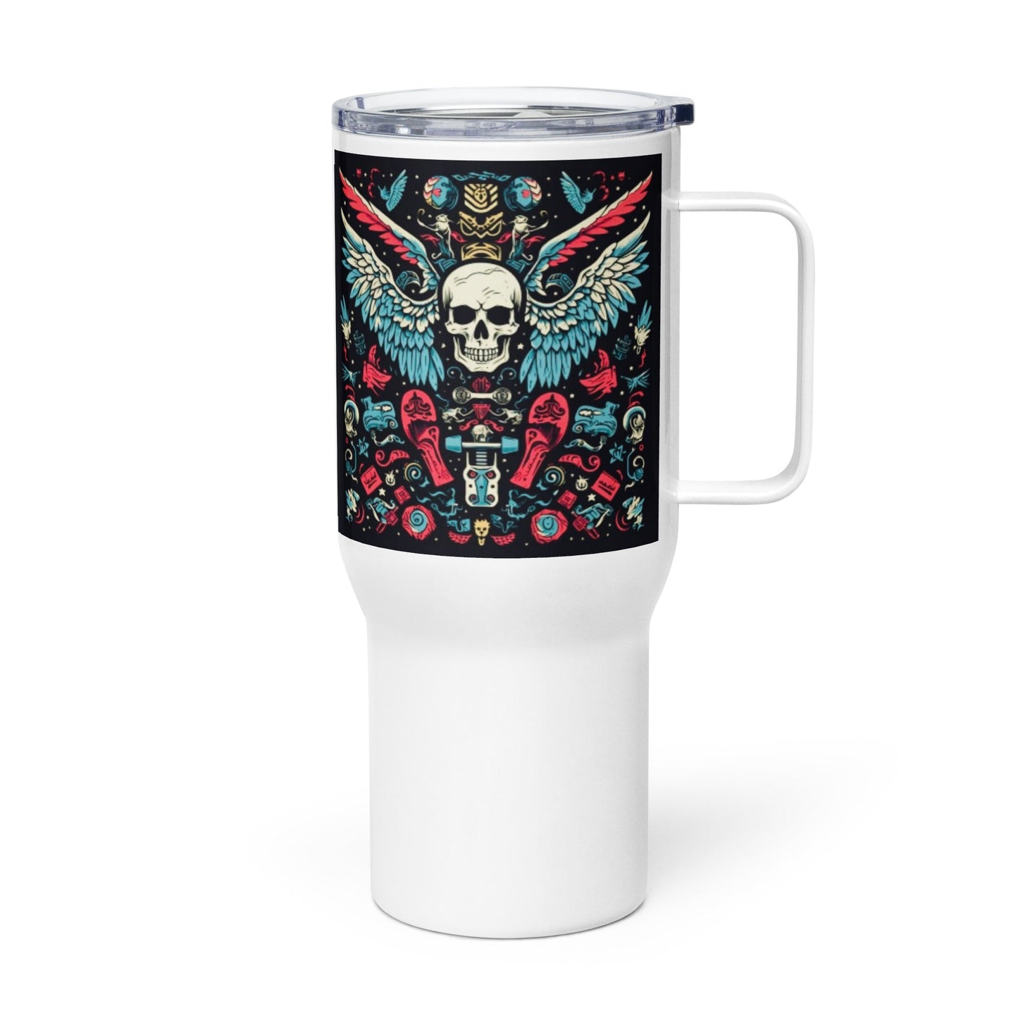 Front Skully Wings Color 2 Designs - Travel Mug with a Handle, 25oz #MzKittyz #NikkiDKatArt
