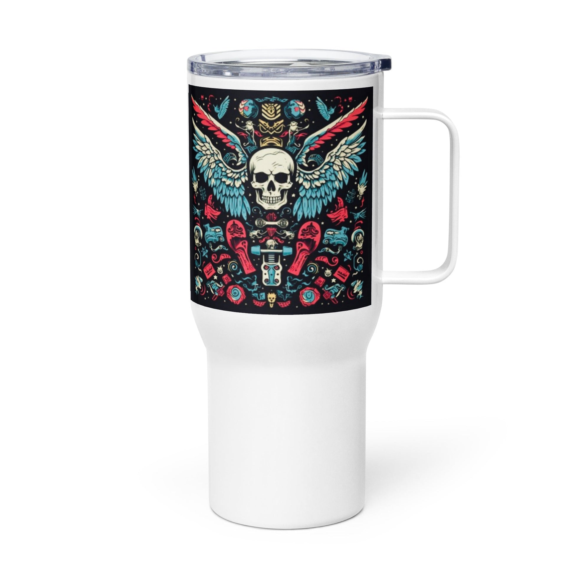 Front Skully Wings Color 2 Designs - Travel Mug with a Handle, 25oz #MzKittyz #NikkiDKatArt
