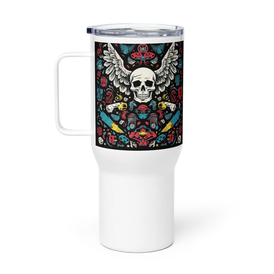 Front Skully Wings Color 2 Designs - Travel Mug with a Handle, 25oz #MzKittyz #NikkiDKatArt