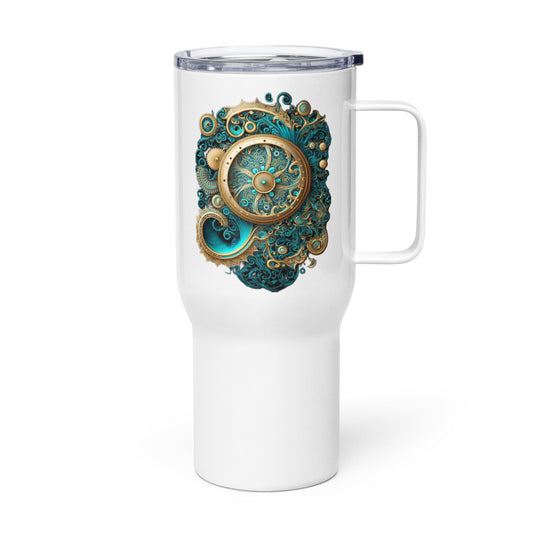 Front Steam Pop Bank Safe Design - Stainless Steel - Travel Mug with a Handle - 25oz. #MzKittyz #NikkiDKatArt