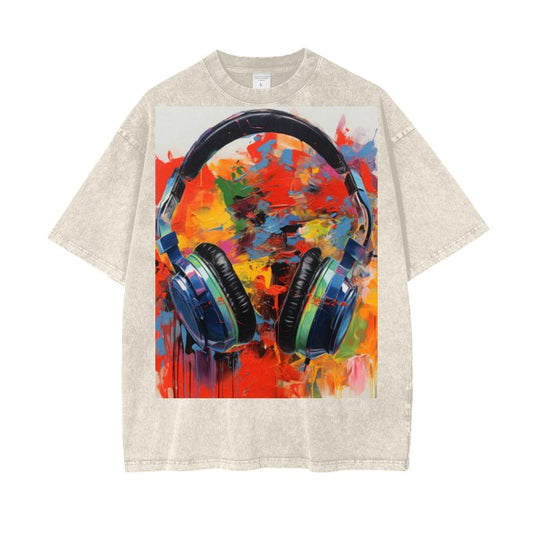 Front Dj Headphones Streetwear Unisex Oversized Snow Wash T-Shirt #MzKittyz #NikkiDKatArt
