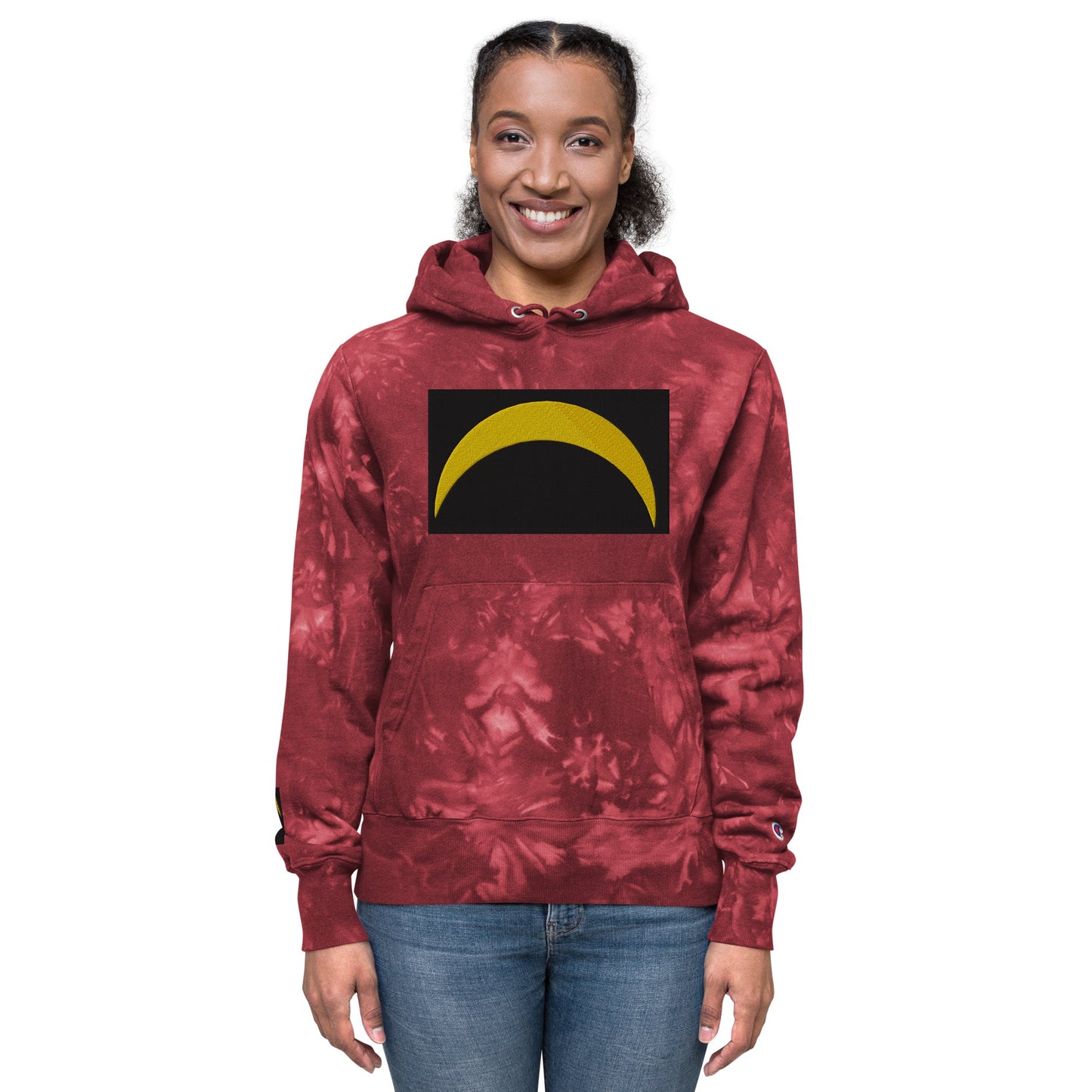 Front Unisex Champion Tie-Dye hoodie with Embroidered Solar Eclipse Sizes up to 2XL Hoodie #MzKittyz #NikkiDKatArt