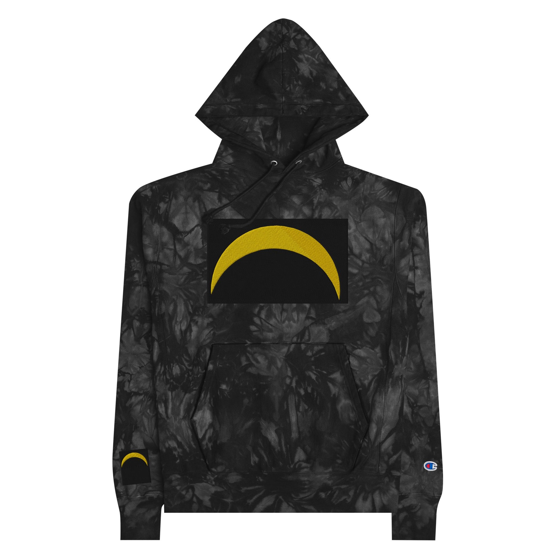 Front Unisex Champion Tie-Dye hoodie with Embroidered Solar Eclipse Sizes up to 2XL Hoodie #MzKittyz #NikkiDKatArt