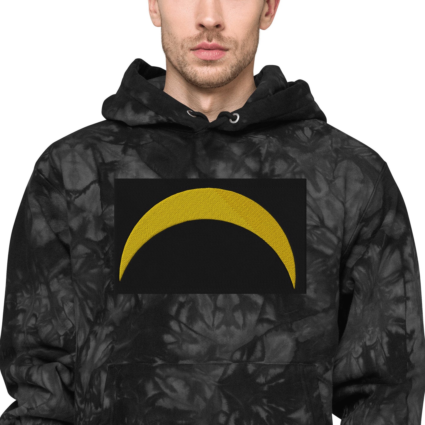 Front Unisex Champion Tie-Dye hoodie with Embroidered Solar Eclipse Sizes up to 2XL Hoodie #MzKittyz #NikkiDKatArt