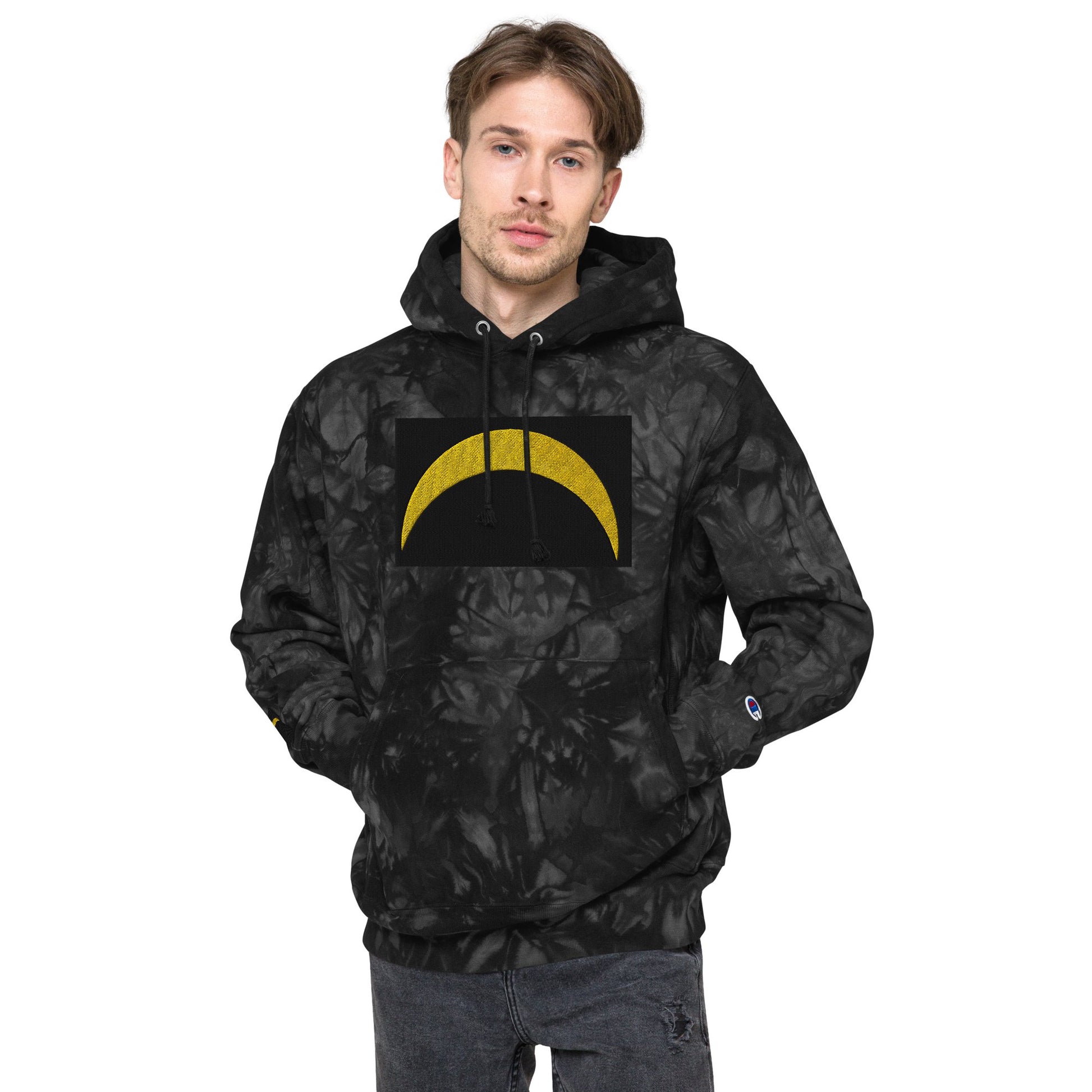 Front Unisex Champion Tie-Dye hoodie with Embroidered Solar Eclipse Sizes up to 2XL Hoodie #MzKittyz #NikkiDKatArt