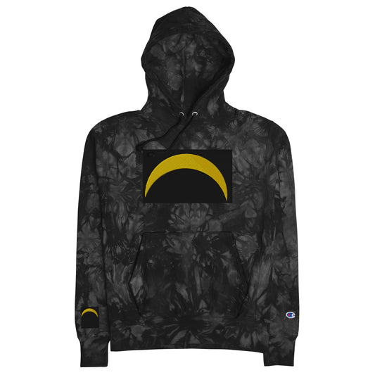 Front Unisex Champion tie-dye hoodie with Embroidered Solar Eclipse Sizes up to 2XL #MzKittyz #NikkiDKatArt