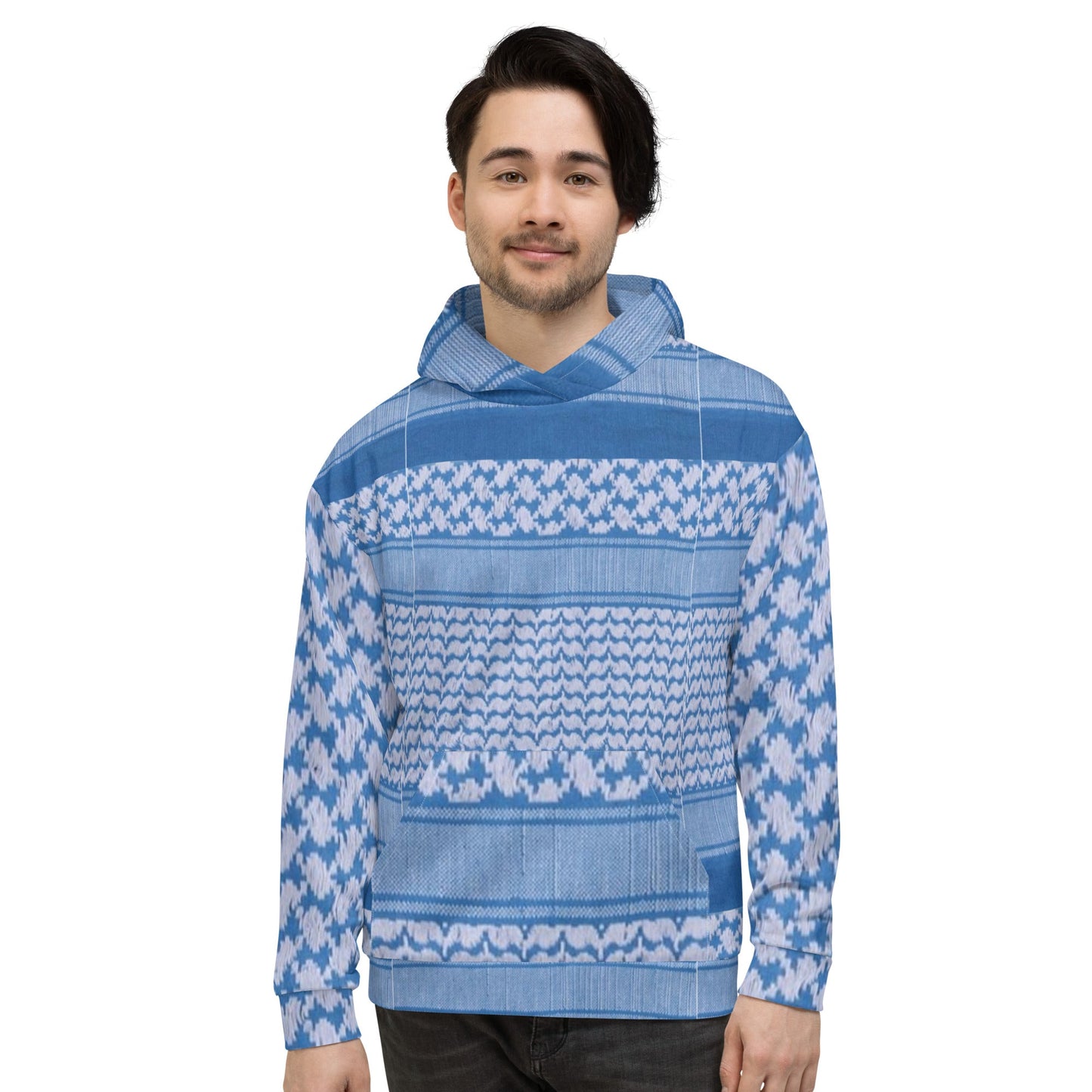 Front Unisex Hoodie - Keffyeh Signature Print - Blue & White Sizes up to 3XL #MzKittyz #NikkiDKatArt