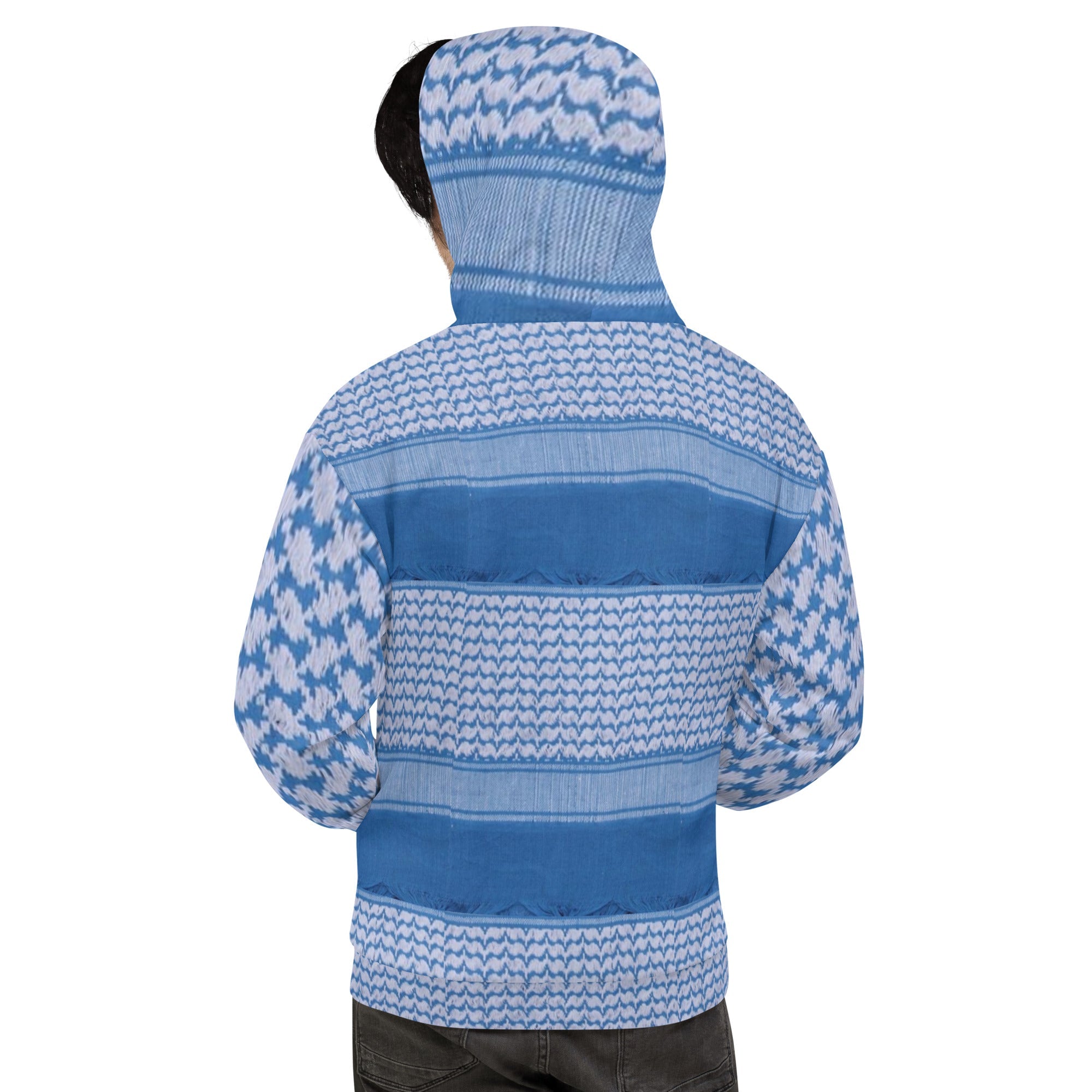 Back Unisex Hoodie - Keffyeh Signature Print - Blue & White Sizes up to 3XL MzKittyz NikkiDKatArt