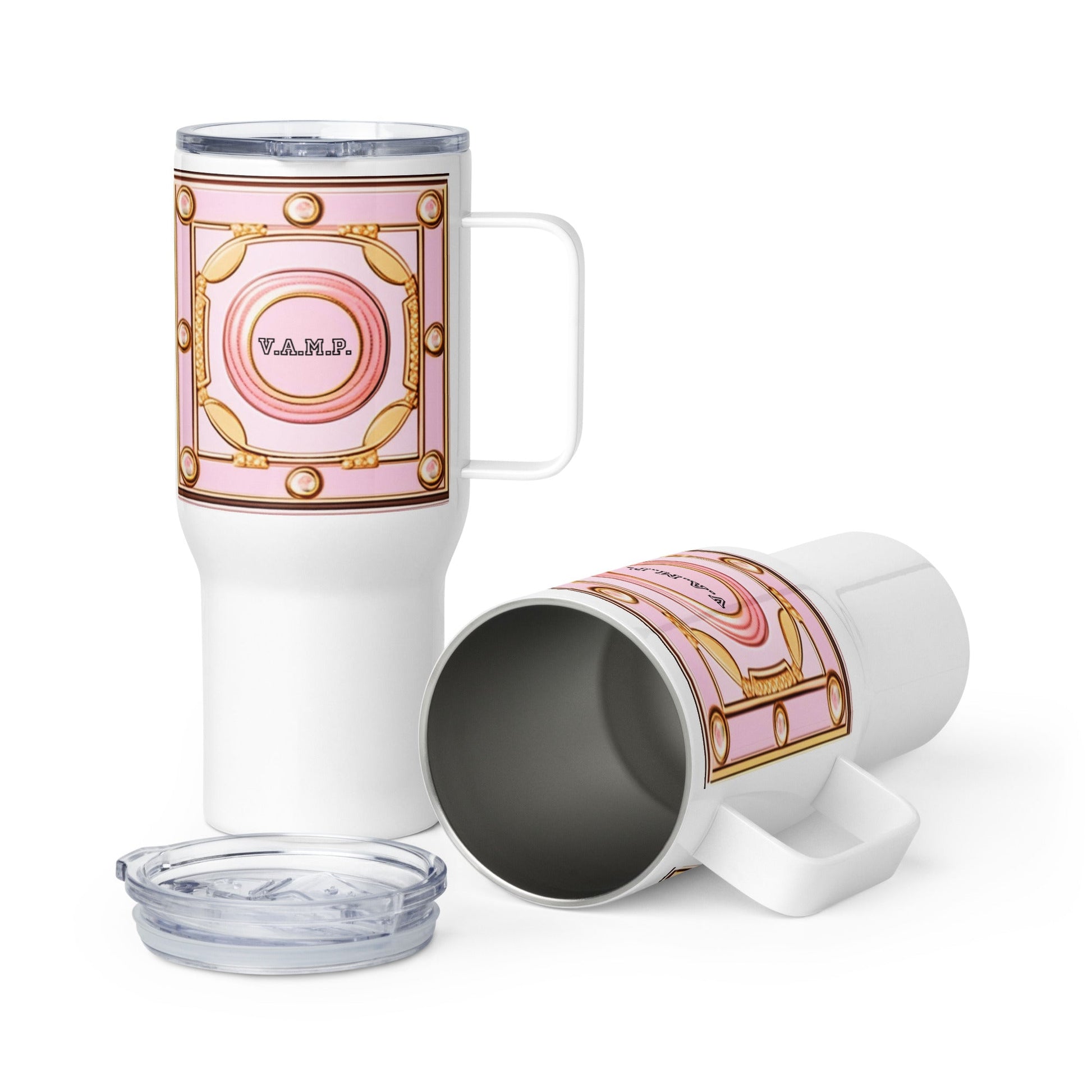 Front V.A.M.P. Paris Design - Stainless Travel Mug with a Handle - 25oz. - BPA Free #MzKittyz #NikkiDKatArt