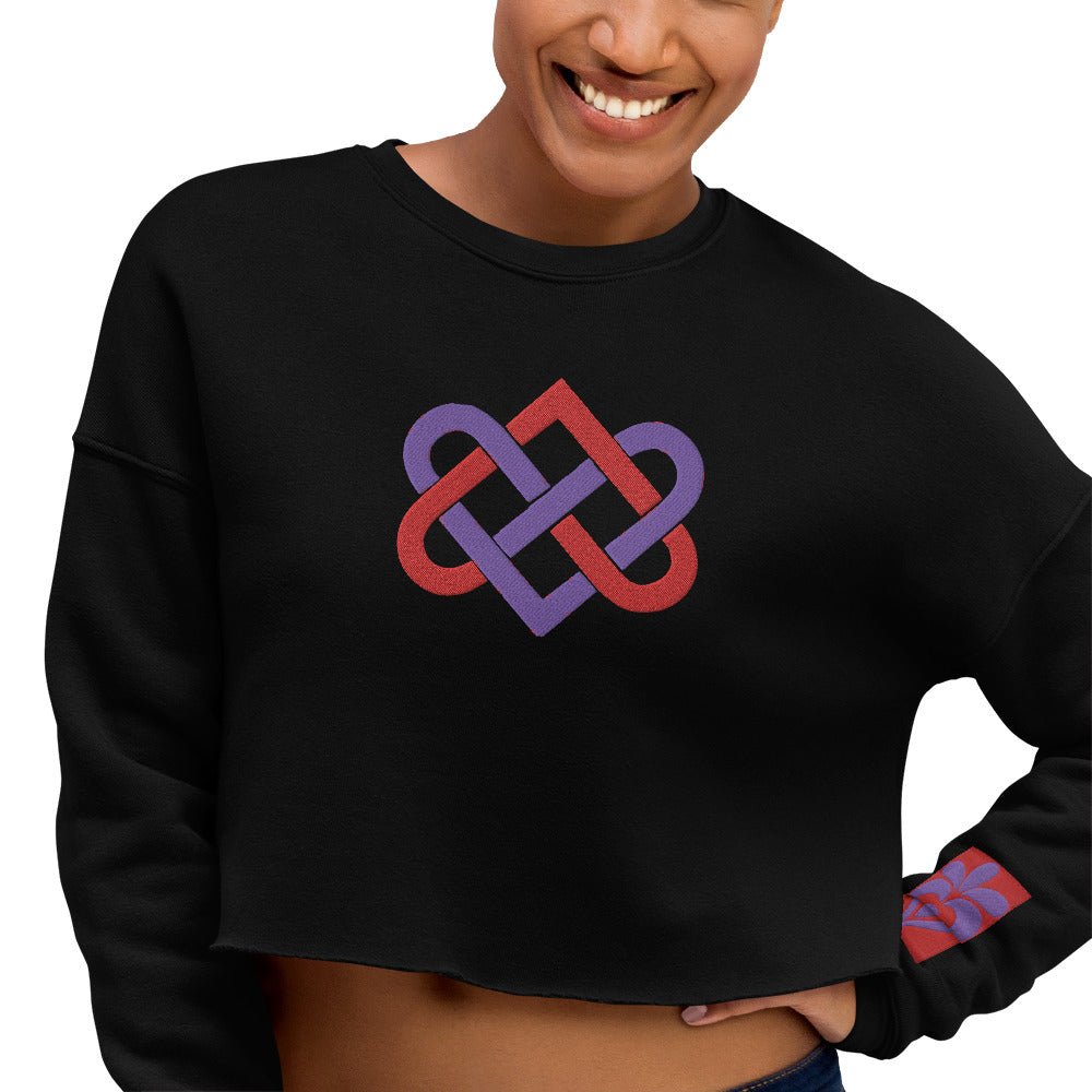 Front Women's Streetwear, Black, Crop Sweatshirt - 'Celtic Tribal Love Hearts Knot' Embroidered Designs - Drop Shoulder #MzKittyz #NikkiDKatArt