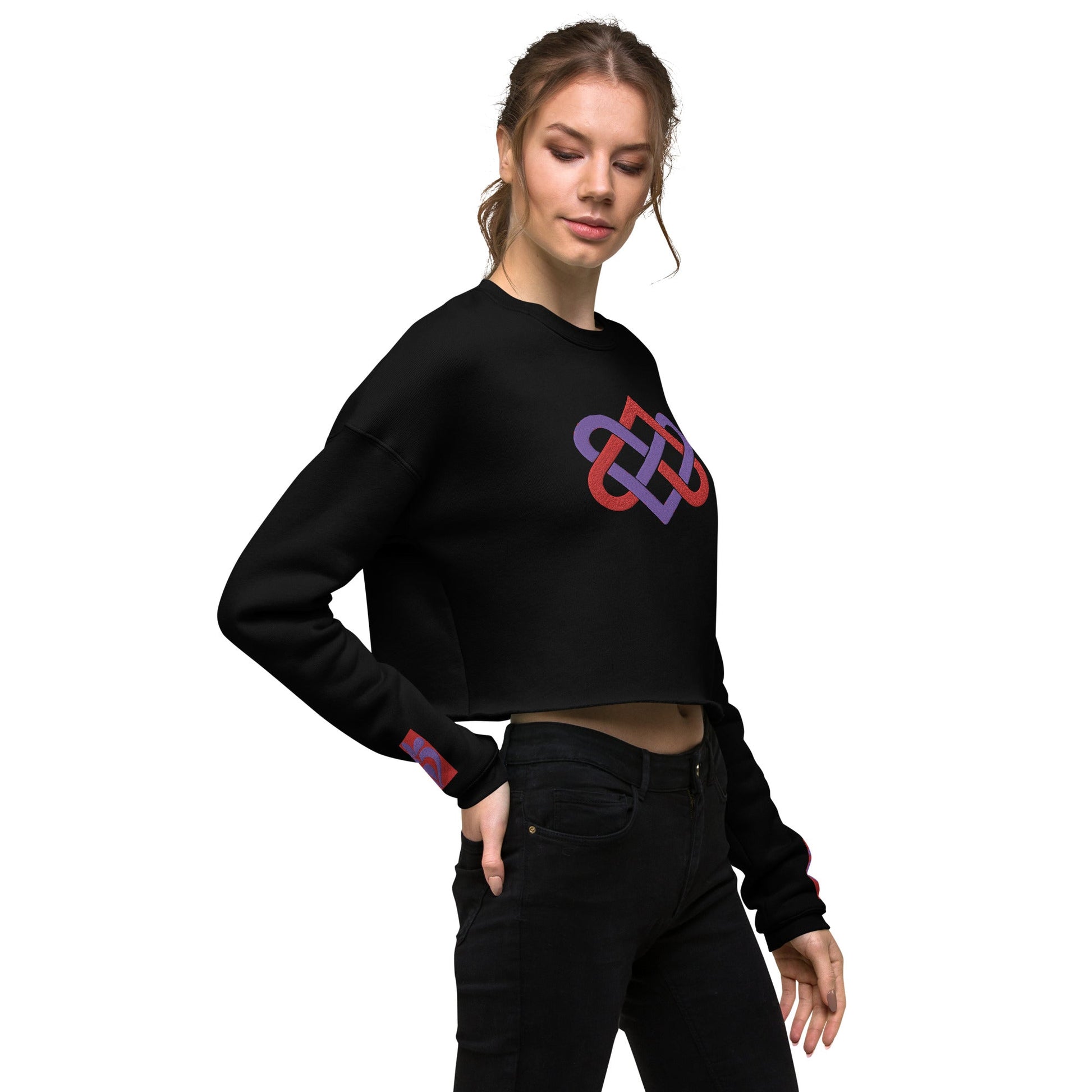 Front Women's Streetwear, Black, Crop Sweatshirt - 'Celtic Tribal Love Hearts Knot' Embroidered Designs - Drop Shoulder #MzKittyz #NikkiDKatArt